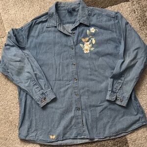 Port and Company Denim Button-Down Shirt with Floral Embroidery